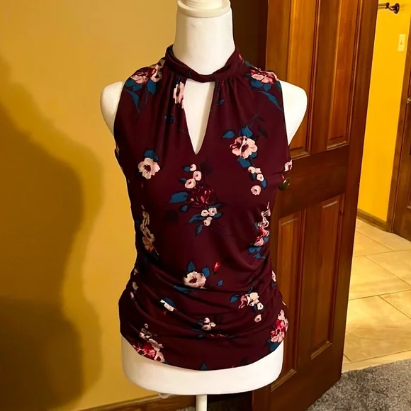 WHBM top, deep burgundy with floral - Picture 1 of 5